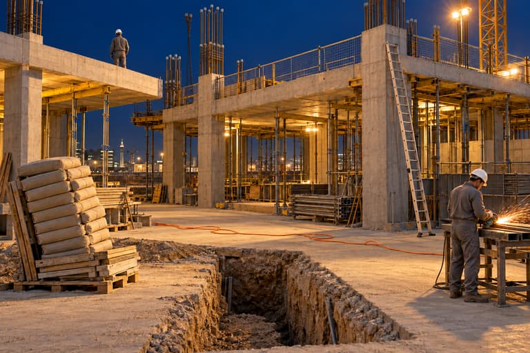 A concrete building site at dusk: an open trench, stacked cement bags, a ladder against the frame, an orange cable across the ground and a worker grinding steel