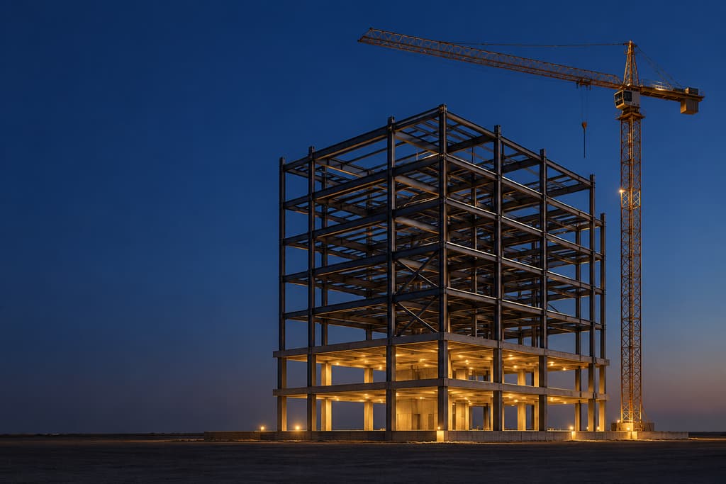 A steel-frame building under construction at dusk, its lower floors lit, with a tower crane beside it