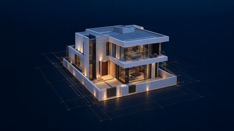 A finished two-storey villa at dusk, its windows lit, standing on the gold lines of its own floor plan