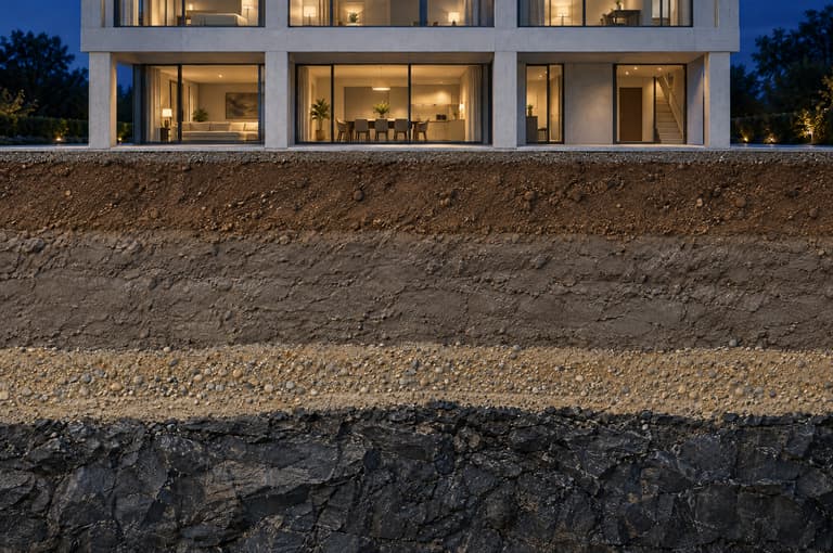 A concrete building on its plot; where the scan passes, the ground is cut away to show its footings, piles, pile cap and retaining wall in the soil