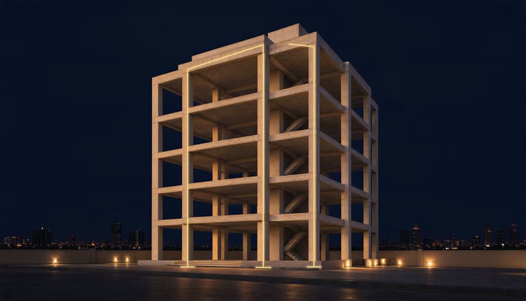 A six-storey concrete building at dusk, shown as its bare frame of columns, beams and slabs, with gold lines tracing the loads down to the ground